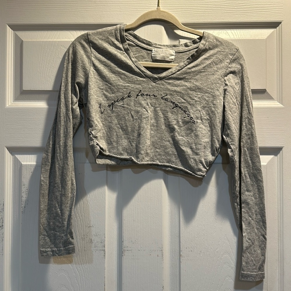 Azul by Moussy I Speak Four Languages Ruched Side Long Sleeve Crop Tee XS